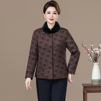 短款羽绒服女妈妈国风冬季水貂毛领外套2025年冬新款中老年鹅绒服