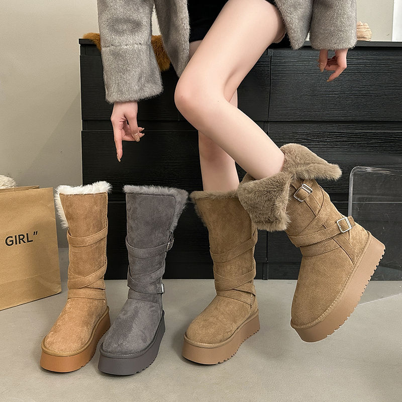 长筒加绒加厚保暖高筒靴东北大棉鞋女2025冬季新款厚底灰色雪地靴