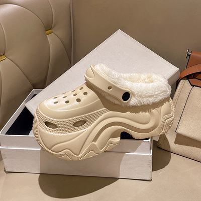加绒高跟10CM洞洞鞋女外穿冬季厚底增高保暖可拆卸毛绒棉拖鞋冬天