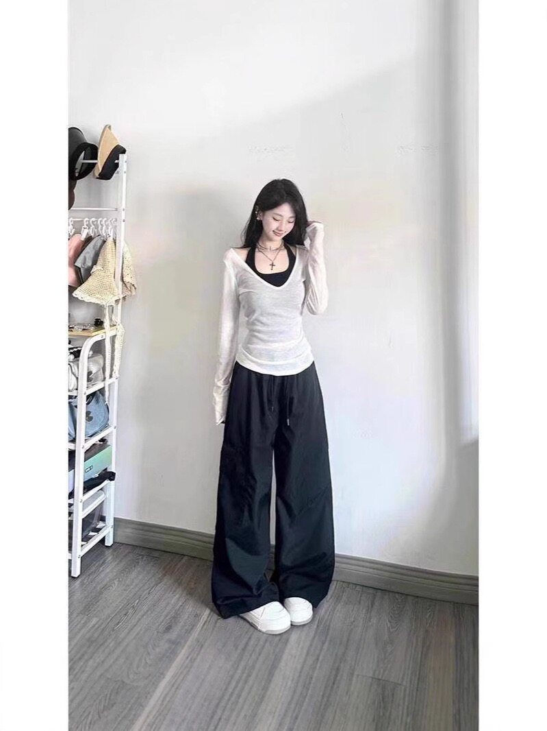 夏季两件套装白色防晒衣宽松辣妹长袖T恤上衣罩衫内搭吊带背心女