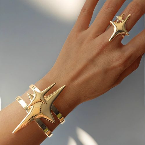 欧美跨境货源小众设计几何造型双十字星星造型手镯戒指套装可调节