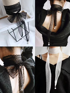 蕾丝镂空丝巾吊坠颈链毛衣链领巾甲状腺手术遮疤遮颈纹项链颈带女