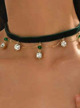 时尚绿丝绒布艺水钻吊坠双层项圈