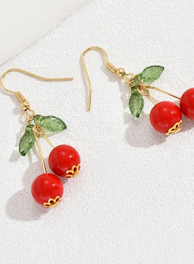 甜美红色樱桃耳钩绿叶可爱ins少女小清新耳坠新款网红百搭耳饰