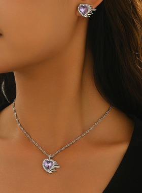 时尚简约紫色爱心仿宝石ins风锁骨链耳钉套装海洋之心女甜酷首饰