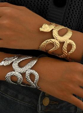 欧美跨境货源时尚朋克哥特风镂空蛇形手镯戒指套装可调节夸张小众