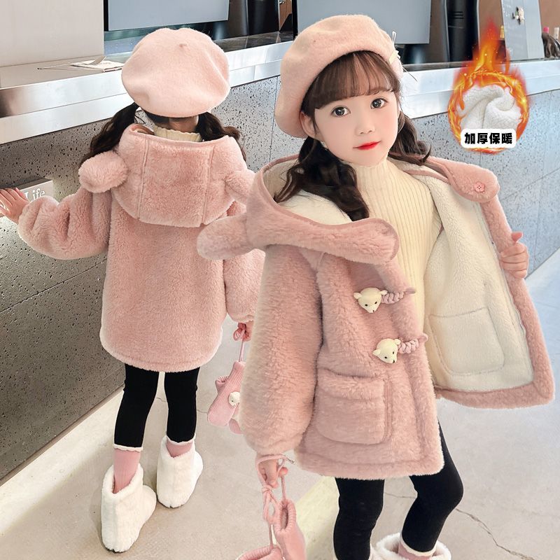 女童毛毛衣外套秋冬款2025新款女宝宝羊羔毛冬季加绒大衣儿童冬装