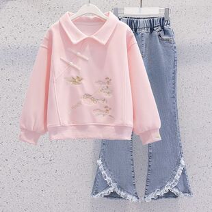 女童网红春秋装套装洋气复古2025新款中大童卫衣休闲时髦牛仔裤潮