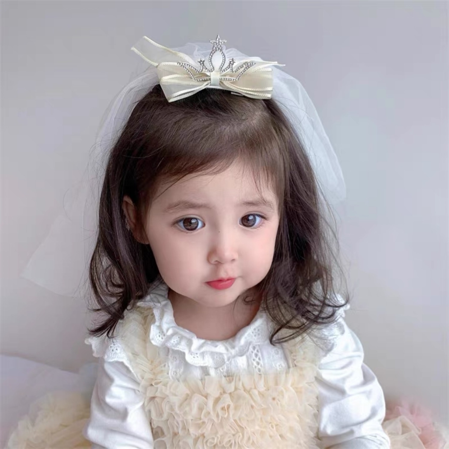 婴儿头纱韩版女宝宝公主头纱发夹亮钻立体皇冠宝宝顶夹花童拍照纱