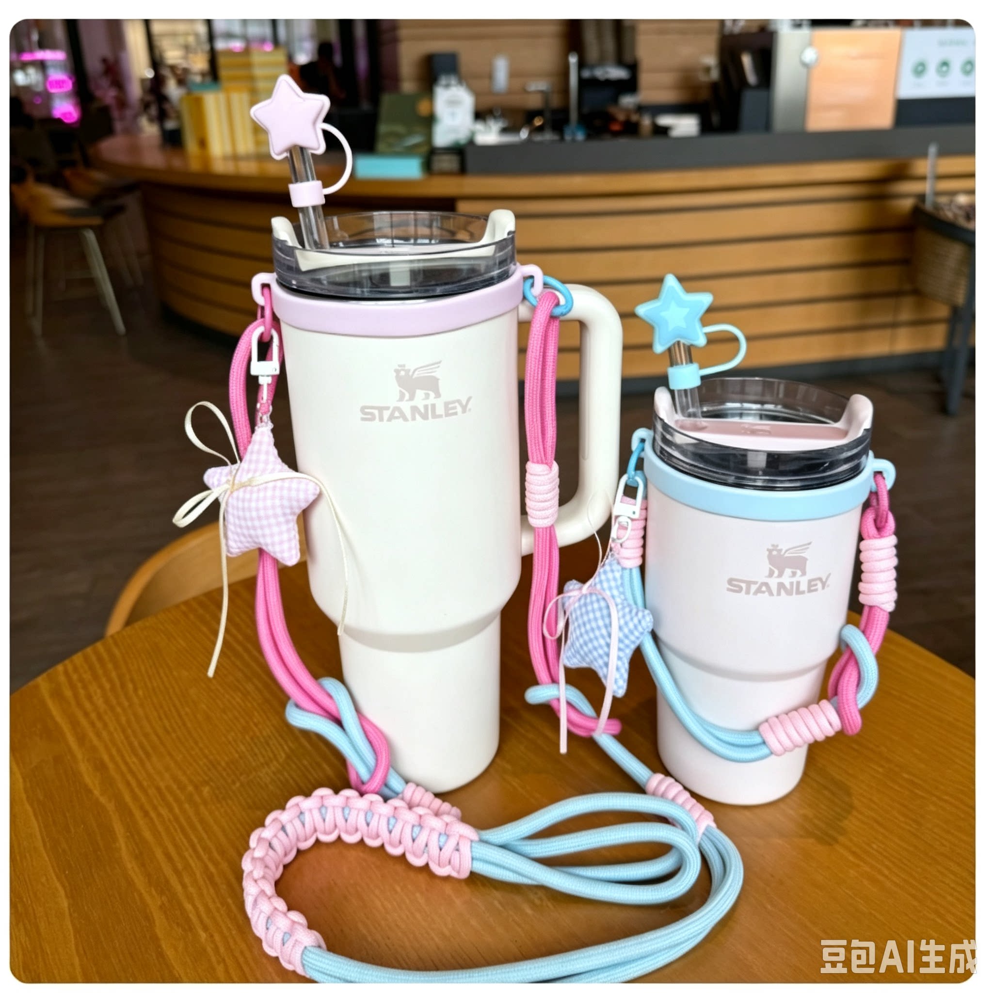 蓝粉编织绳星星挂件装饰手提绳适配Stanley水杯史丹利水杯斜挎绳