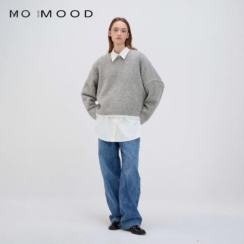 休闲毛毛边针织上衣圆领毛衣