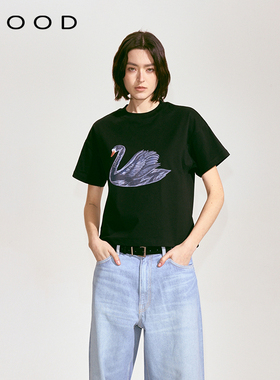 310MOOD黑色2025春夏新款纯棉圆领印花简约黑天鹅短袖T恤上衣半袖