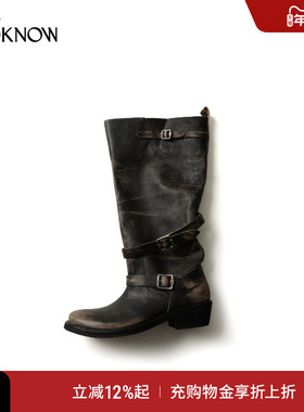 ICE DUST x LOOKNOW2025年早秋新款做旧擦色褶皱骑士靴长靴鞋子女