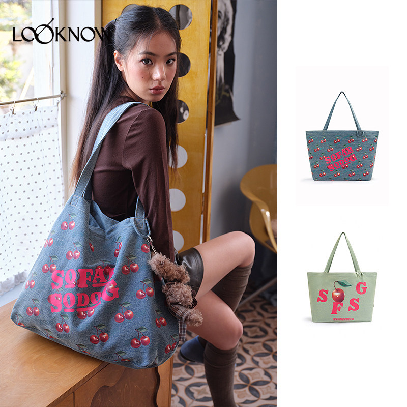 SFSG x LOOKNOW樱桃系列做旧牛仔帆布袋大容量通勤2026春季新品,箱包皮具/热销女包/男包,小方包,淘宝优惠券,粉丝福利购,淘宝优惠卷