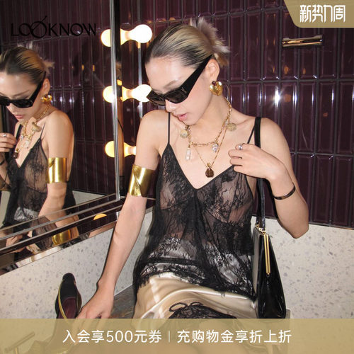 黑色V领蕾丝透感吊带