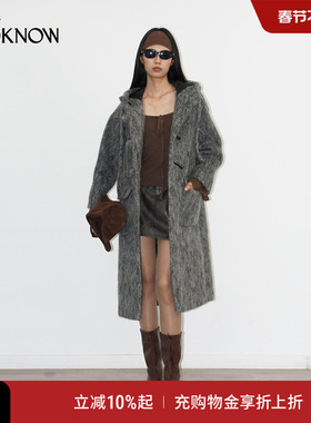 IF BY LAND X LOOKNOW2025秋冬新品灰色连帽大衣外套女