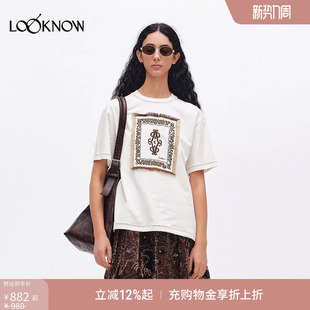 方形刺绣带流苏边短袖 ICE LOOKNOW2026春夏新款 T恤女 DUST