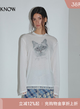 IF BY LAND薄荷猫咪系列2025春白色蕾丝拼接休闲长袖T恤男女同款