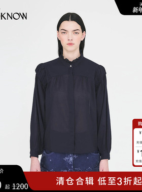 ANTIK BATIK x LOOKNOW25年秋季新款深蓝色花边泡泡袖衬衫女