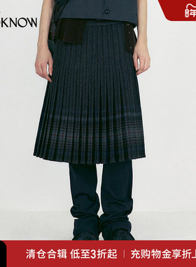 LOW CLASSIC x LOOKNOW2025秋季新款深蓝色格纹百褶裙中长款女