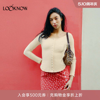 Rouje x LOOKNOW2026春季新款多色一字领T恤女