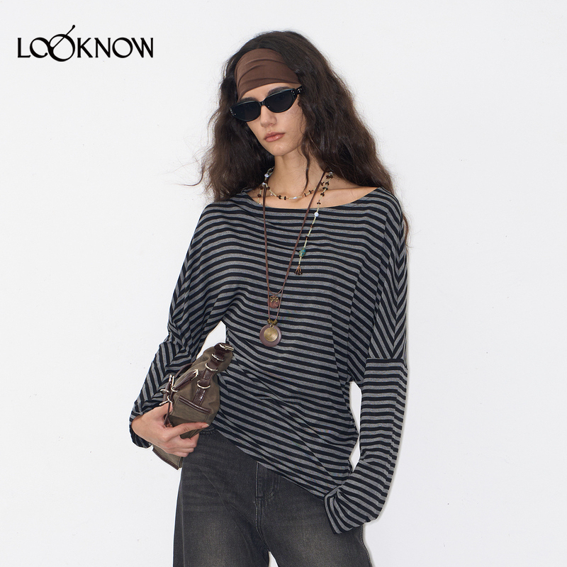 IF BY LAND X LOOKNOW25秋季新款条纹斜肩针织打底衫女