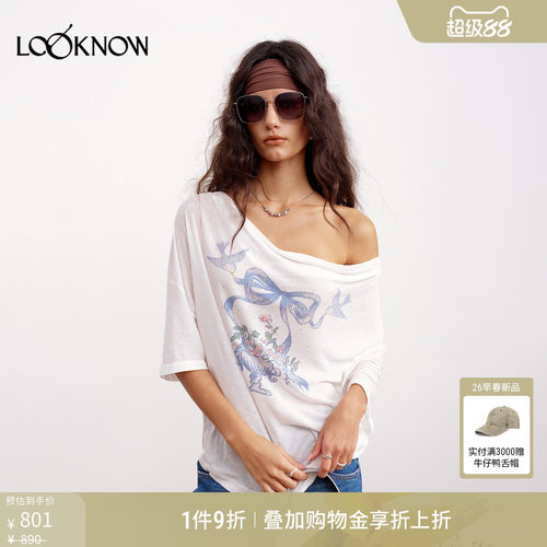 if by land x LOOKNOW2026春夏新款印花一字肩飞鸟蝴蝶结烫钻T恤