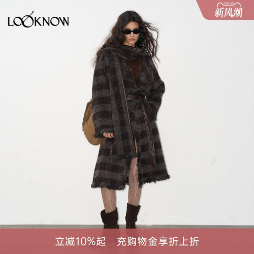 IFBYLAND咖色格纹圈圈毛边大衣