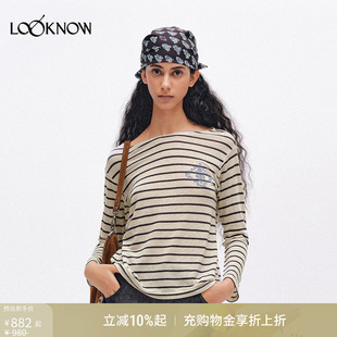 LOOKNOW2026春季 ICE DUST 条纹十字绣花T恤 新品