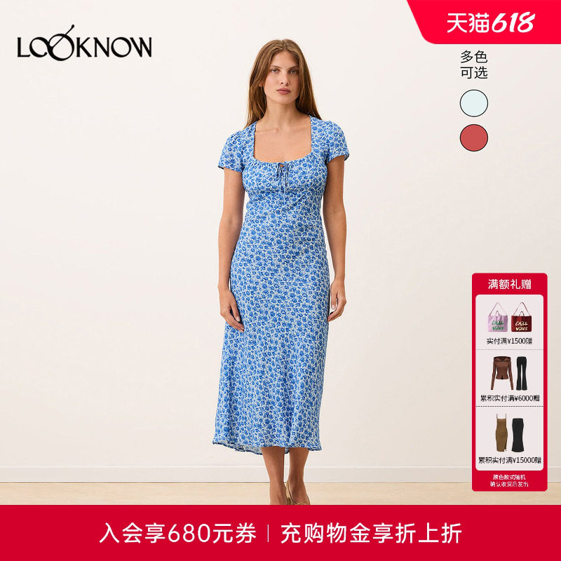 Rouje x LOOKNOW2026春季新款多色碎花方领连衣裙