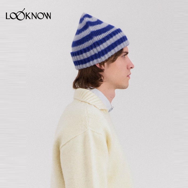 HOWLIN X LOOKNOW设计师品牌2025冬季新品蓝色条纹针织帽女