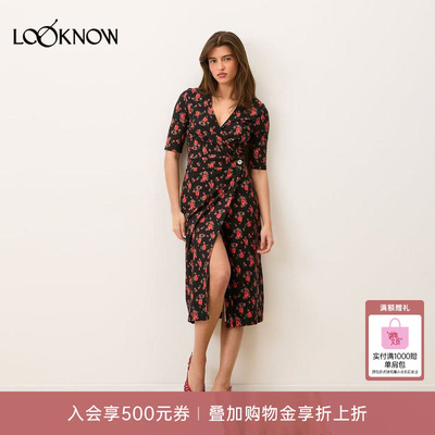 Rouje x LOOKNOW2026春季新款黑色碎花V领连衣裙