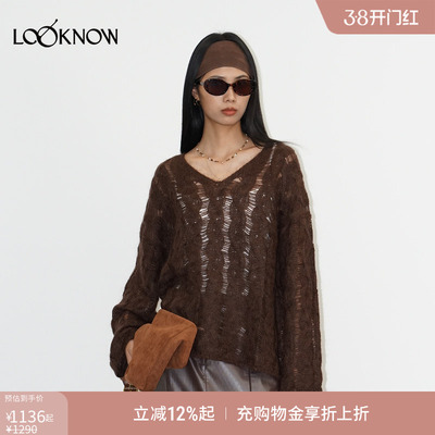 halfmoon X LOOKNOW设计师品牌2025秋冬新品棕色绞花镂空毛衫女