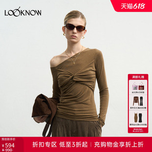 halfmoon X LOOKNOW新款黄绿色胸前纽结斜肩T恤女