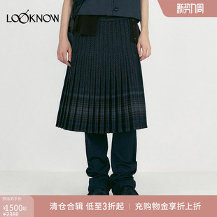 CLASSIC 深蓝色格纹百褶裙中长款 新款 女 LOOKNOW2025秋季 LOW