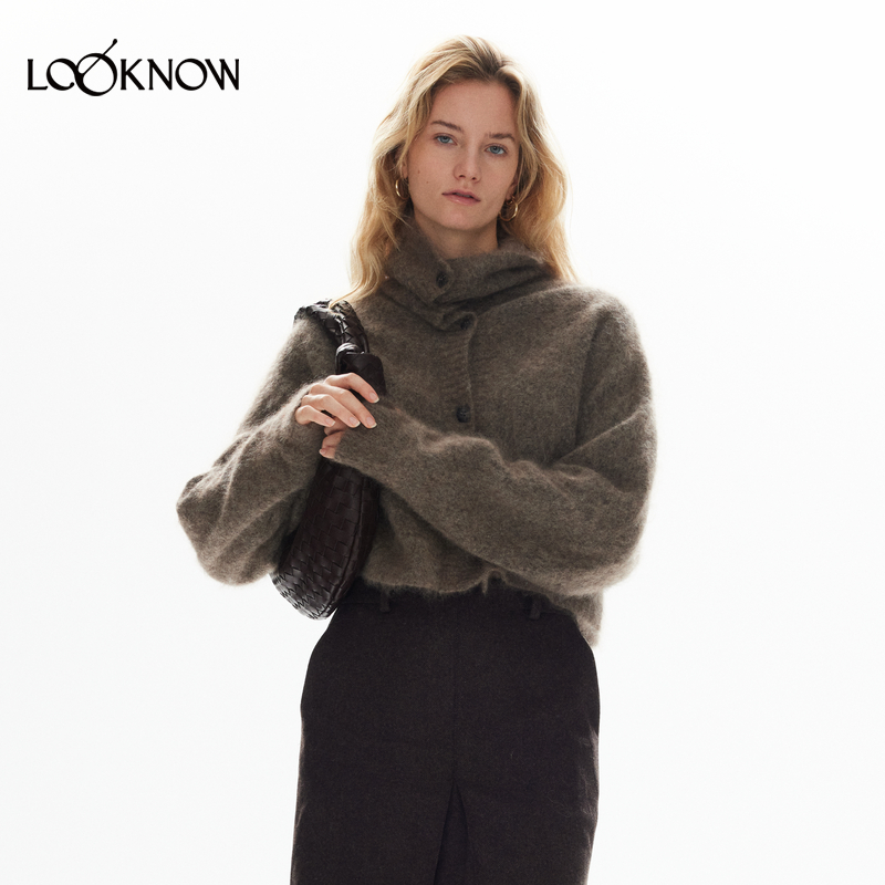 IF BY LAND设计师品牌LOOKNOW2024年冬季新款马海毛堆堆领短开衫