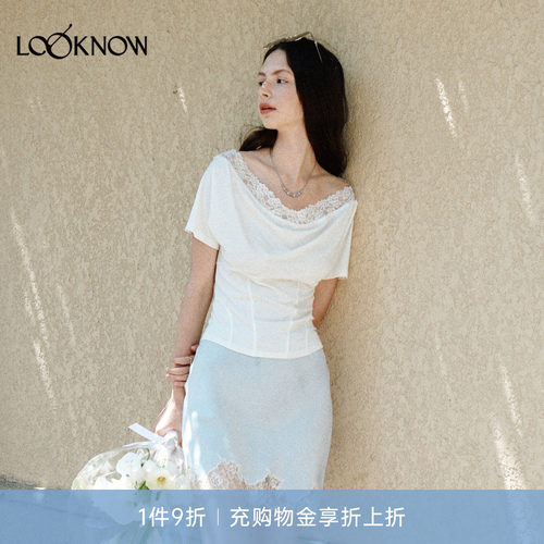 if by land -柔软蕾丝系列   26春夏新品一字肩蕾丝短袖T恤