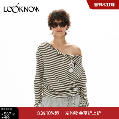 madeinormal设计师品牌LOOKNOW秋冬新款条纹亨利领斜肩T恤女