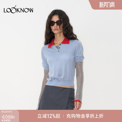 IF BY LAND X LOOKNOW2025秋季浅蓝色假两件POLO领针织衫女