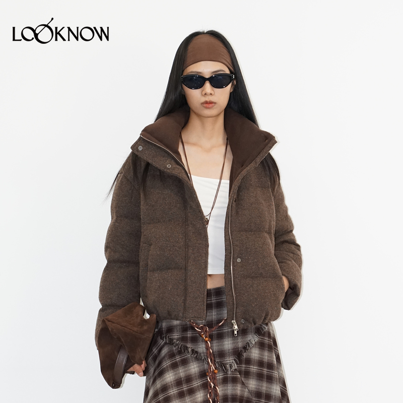 IF BY LAND X LOOKNOW2025秋冬新款棕色立领毛呢羽绒服女