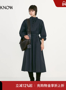 LOW CLASSIC X LOOKNOW2025秋冬新品灰色水洗系带连衣裙女