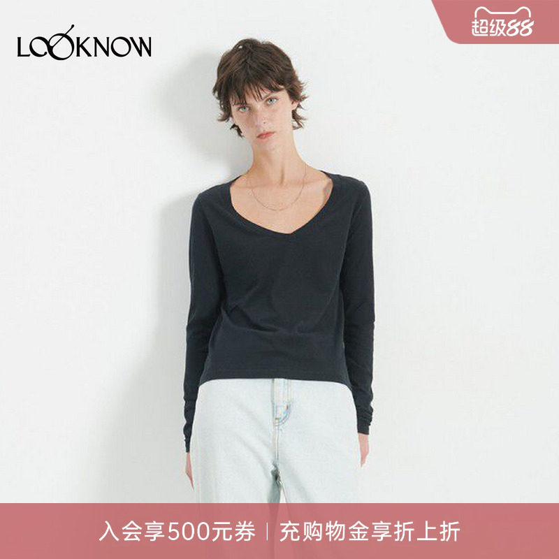 american vintage X LOOKNOW设计师品牌26秋季新品黑色V领长袖T恤图片