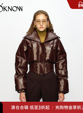 JACQUES WEI设计师品牌LOOKNOW秋冬红棕皮短款亮面羽绒服