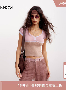 IF BY LAND X LOOKNOW2026春夏新品紫色拼接圆领短袖修身针织衫女