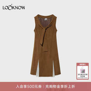 immi LOOKNOW设计师品牌2026年春夏新品仿麂皮绒宽系带修身连衣裙