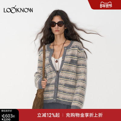 IF BY LAND X LOOKNOW2025秋季新款黄灰色花纱羊驼毛开衫女