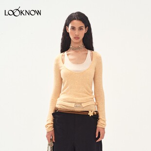 新款 MEDIUM LOOKNOW25年秋季 假两件钩扣羊毛针织上衣女 WELL