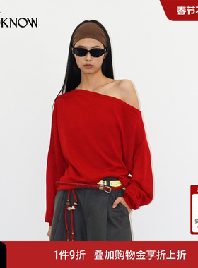 madeinormal x LOOKNOW2026春夏新款红色双旦系列斜肩针织卫衣