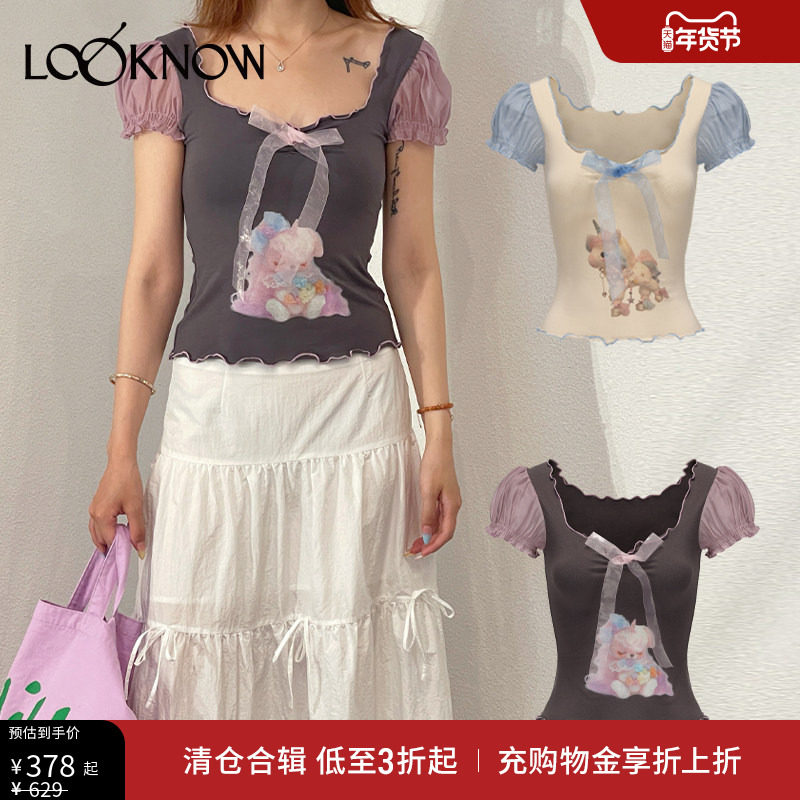 Matte Revolution设计师品牌LOOKNOW春夏灰色小狗印花泡泡袖T恤女