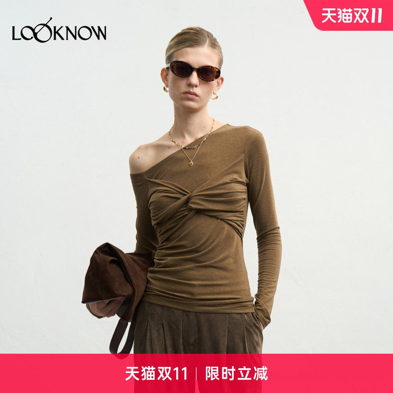 halfmoon X LOOKNOW新款黄绿色胸前纽结斜肩T恤女